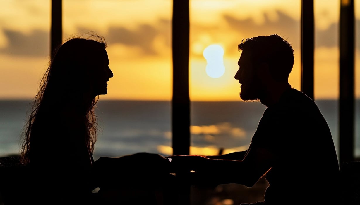 To personer med drikke ved solnedgang.