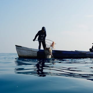 To personer på en liten båt midt på et rolig vann, hvor en håndterer et fiskegarn.