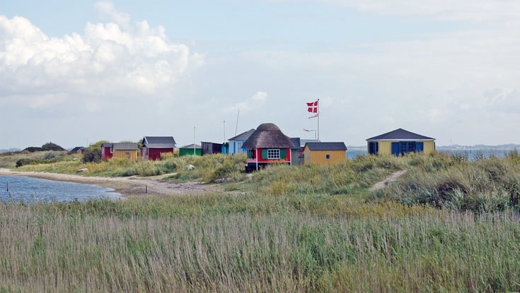 Kystscene med fargerike hus i Ærø blant høyt gress og sanddyner.