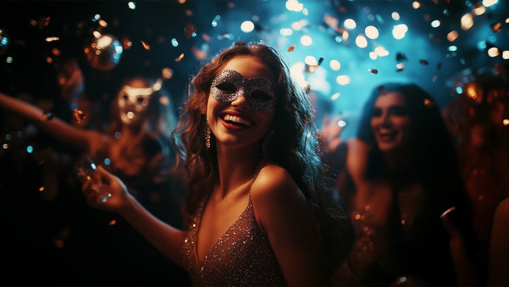 Gruppe mennesker på fest med konfetti og lys.