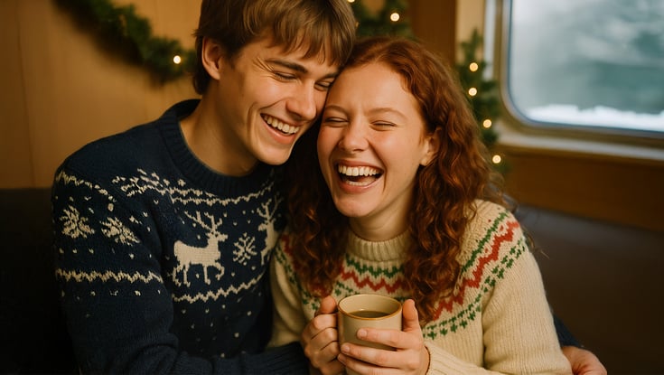  To personer som sitter tett sammen med festlige gensere.