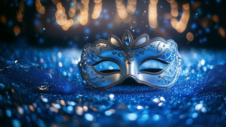  ALT text: Maskerade maske på en glitrende blå overflate med uskarpe lys.