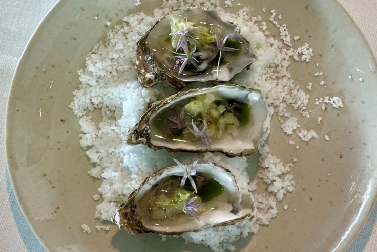 Tallerken med tre østers pyntet med grønn saus og lilla blomster