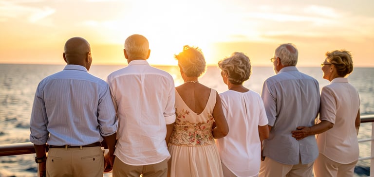 Gruppe eldre mennesker på dekk sett bakfra