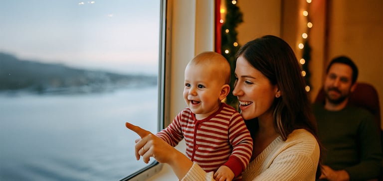 Folk som sitter inne i et kjøretøy med utsikt til landskapet utenfor.