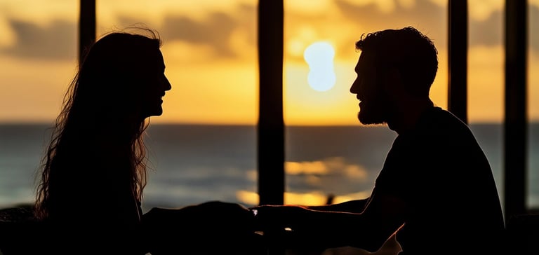 To personer med drikke ved solnedgang.