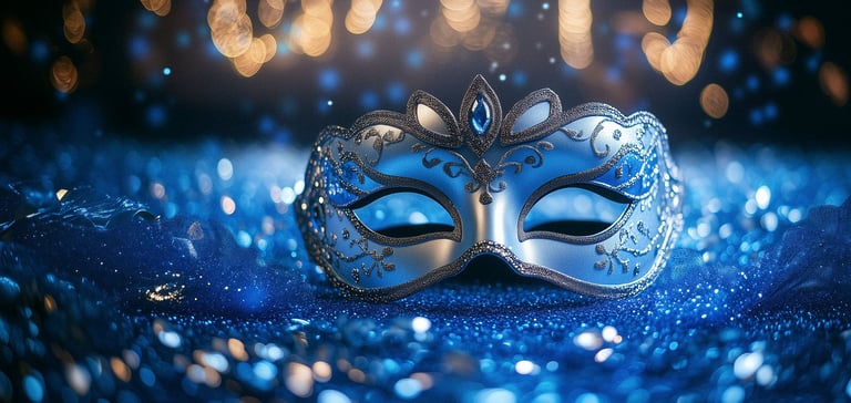  ALT text: Maskerade maske på en glitrende blå overflate med uskarpe lys.