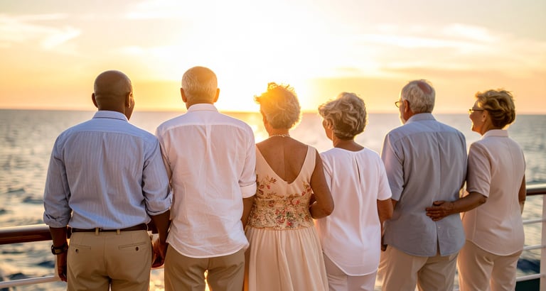 Gruppe eldre mennesker på dekk sett bakfra