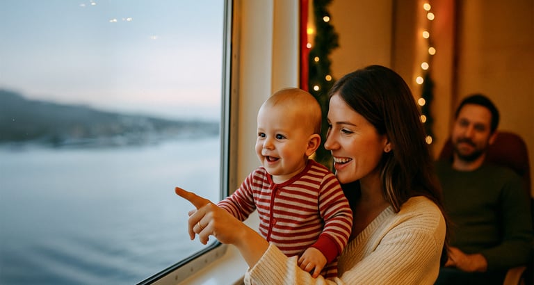 Folk som sitter inne i et kjøretøy med utsikt til landskapet utenfor.