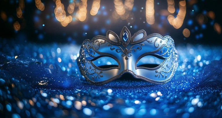  ALT text: Maskerade maske på en glitrende blå overflate med uskarpe lys.