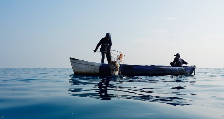 To personer på en liten båt midt på et rolig vann, hvor en håndterer et fiskegarn.