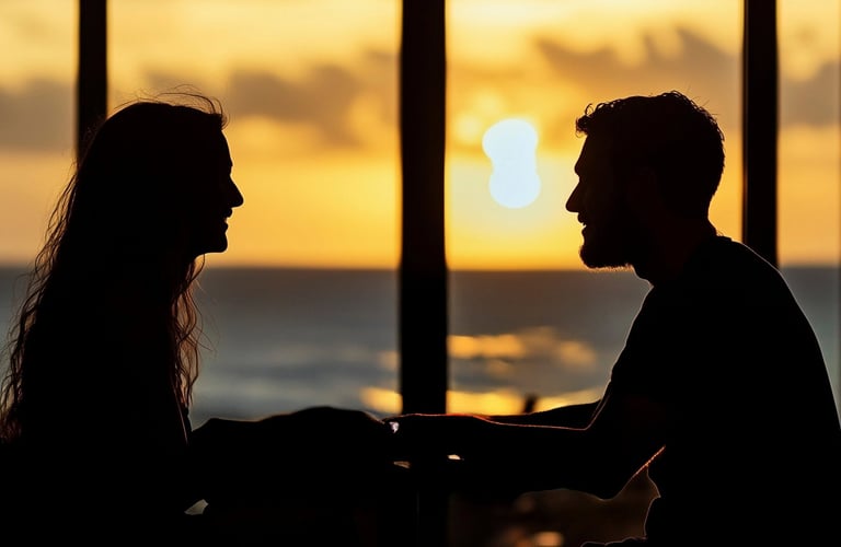 To personer med drikke ved solnedgang.