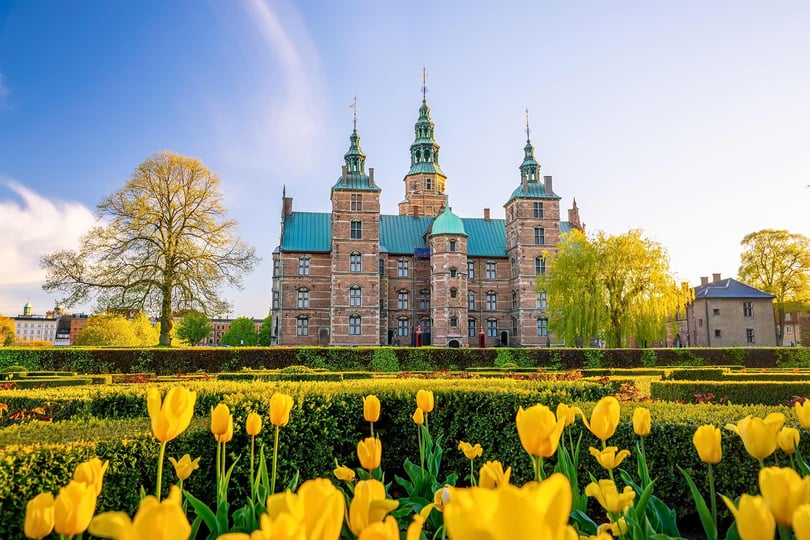 Rosenborg slott med gule tulipaner